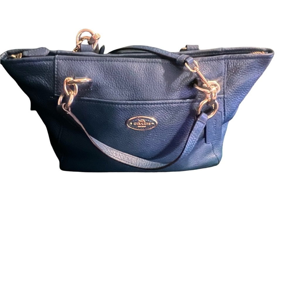 Coach Navy Leather Shoulder Tote with Gold Hardware